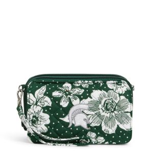 Collegiate RFID All in One Crossbody Bag-Dark green/white rain garden with michigan state university logo in Cotton