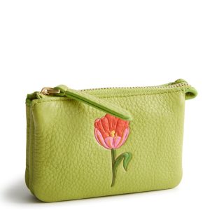 Accordion Card Case-Tulip on spinach green in Leather