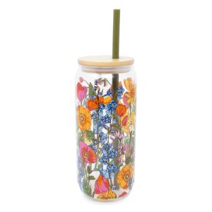 Glass Iced Coffee Mug with Straw-Meadow bouquet